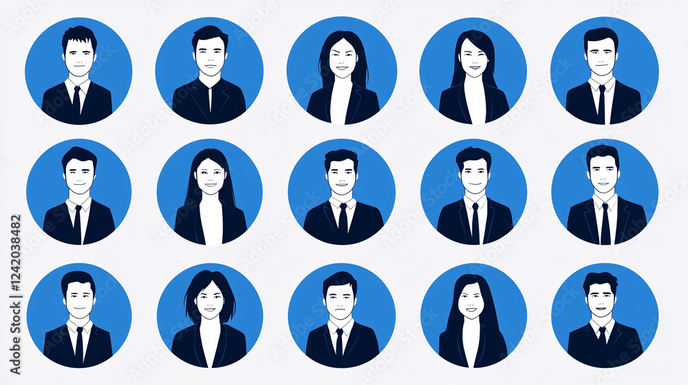 A collection of sixteen faceless business avatars in dark blue formal attire within blue circular frames representing a professional team
A collection of sixteen faceless business avatars in dark blue formal attire within blue circular frames representing a professional team