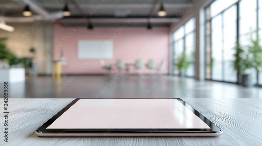 Modern Workspace with Tablet on Table and Bright Office Background