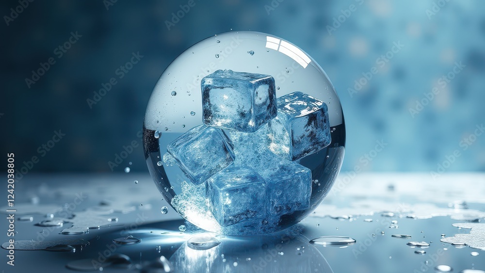 Transparent glass sphere filled with floating ice cubes on a reflective icy surface Transparent glass sphere filled with floating ice cubes on a reflective icy surface