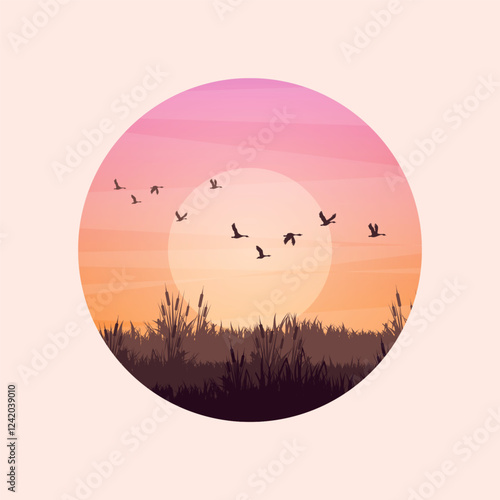 Meadow silhouettes with grass and old wooden fence. Countryside, round panoramic summer lawn rural landscape with herbs, weeds. Agriculture and farming. Summer sunset in nature. Vector illustration