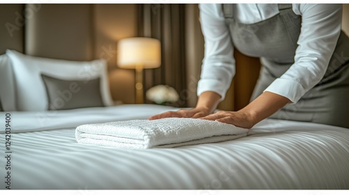 Hotel Maid Adjusting Towels Luxurious Hotel Room Photography Indoor Close-Up Hospitality Excellence