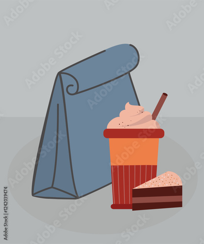 Illustration with Lunch and Latte Cream, Slice Cake