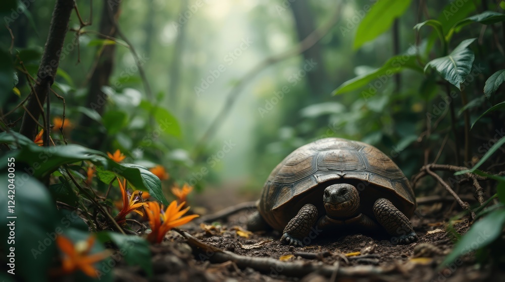 Naklejka premium A Turtle Walking Through the Forest With Orange Flowers in the Background - Generative AI