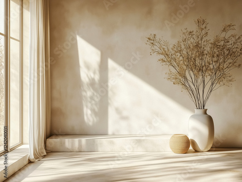 Neutral interior with large vase and dried branches