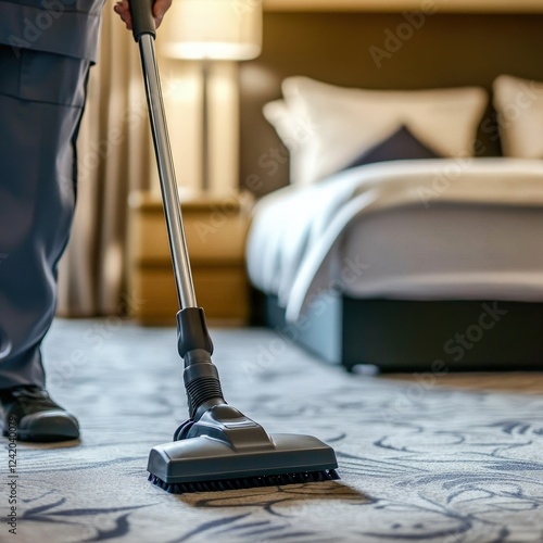 Daily Housekeeping Tasks Tidying Up Hotel Rooms Luxurious Interior Cleanliness Focus Professional Environment Close-Up View Routine Maintenance