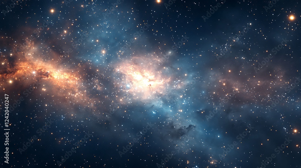 Naklejka premium A stunning cosmic scene showcasing vibrant nebulae and twinkling stars in deep space.