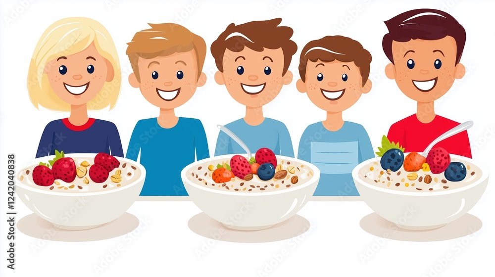 Family enjoys healthy breakfast with oatmeal and fruits in a bright kitchen setting Family enjoys healthy breakfast with oatmeal and fruits in a bright kitchen setting