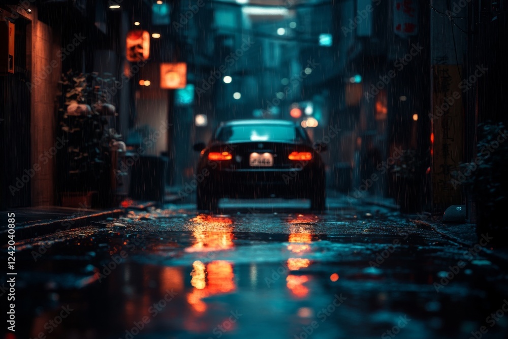 Moody urban night scene with empty wet street Moody urban night scene with empty wet street