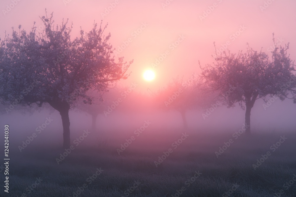 Misty orchard at sunrise with soft pastel tones Misty orchard at sunrise with soft pastel tones