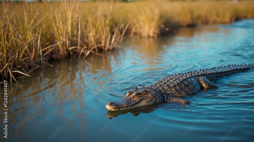 An Alligator Swimming in the Water Near Tall Grass and Reeds - Generative AI An Alligator Swimming in the Water Near Tall Grass and Reeds - Generative AI