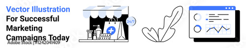 Online storefront with awning, shopping bags, and convenience icons alongside a data analytics dashboard. Ideal for e-commerce, marketing, business analytics, online campaigns, retail strategies