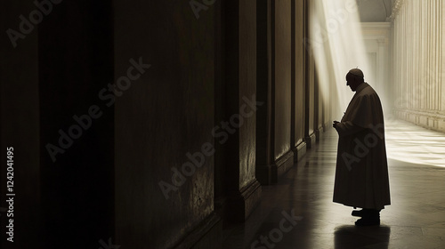 a clergyman in a dimly lit corridor stands in deep contemplation as soft rays of light filter through creating a solemn and reflective scene  
 photo