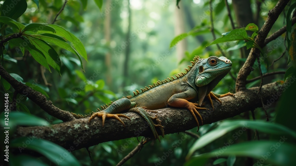 An Iguana Sitting on a Branch in the Middle of a Forest - Generative AI An Iguana Sitting on a Branch in the Middle of a Forest - Generative AI