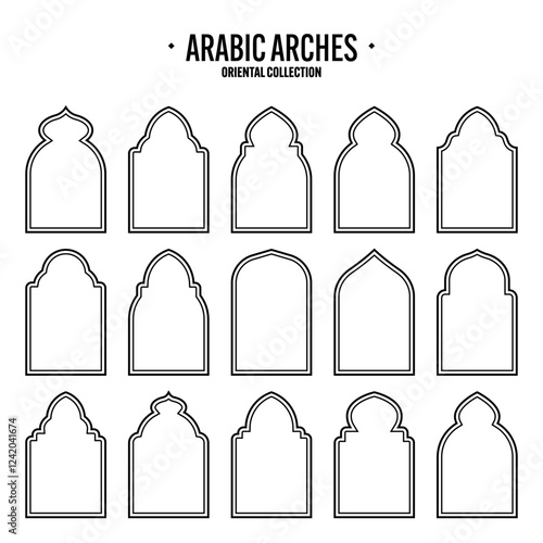 Islamic frames, oriental style objects. Arabic shapes, windows and arches. Traditional ornamental banner, frame. Muslim holidays, Ramadan Kareem. Modern eastern architecture. Vector illustration