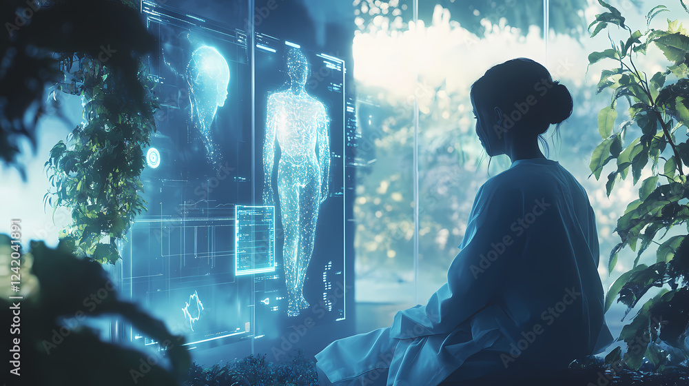 Futuristic virtual nurse monitoring patient's health with ai system and vitals displayed on transparent screens. Technology & Nature Fusion. Illustration Futuristic virtual nurse monitoring patient's health with ai system and vitals displayed on transparent screens. Technology & Nature Fusion. Illustration