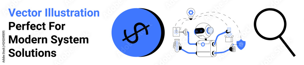Robot analyzing connections, magnifying glass exploring details, dollar sign denoting finance. Ideal for technology, AI, financial systems, innovation, analysis, consulting concepts flat landing Robot analyzing connections, magnifying glass exploring details, dollar sign denoting finance. Ideal for technology, AI, financial systems, innovation, analysis, consulting concepts flat landing