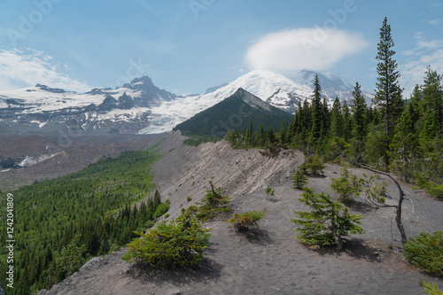 Little Tahoma Peak and Mount Rainier from Emmons Moraine Trail. Mount Rainier National Park, Washington State. photo