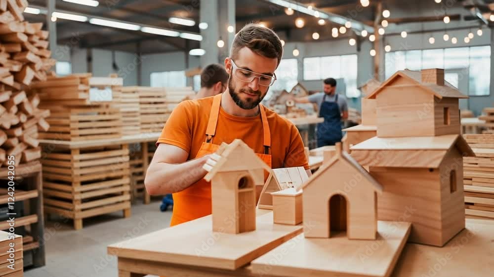 A professional artisan constructs small wooden house models in a busy woodworking factory. Concept of handmade artistry, sustainable materials, and construction craftsmanship. A professional artisan constructs small wooden house models in a busy woodworking factory. Concept of handmade artistry, sustainable materials, and construction craftsmanship.