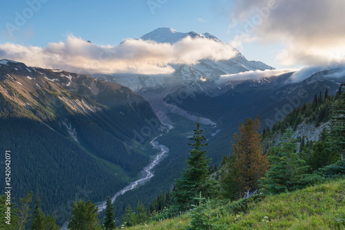 Mount Rainier and White River Valley seen from Silver Forest trail. Mount Rai...