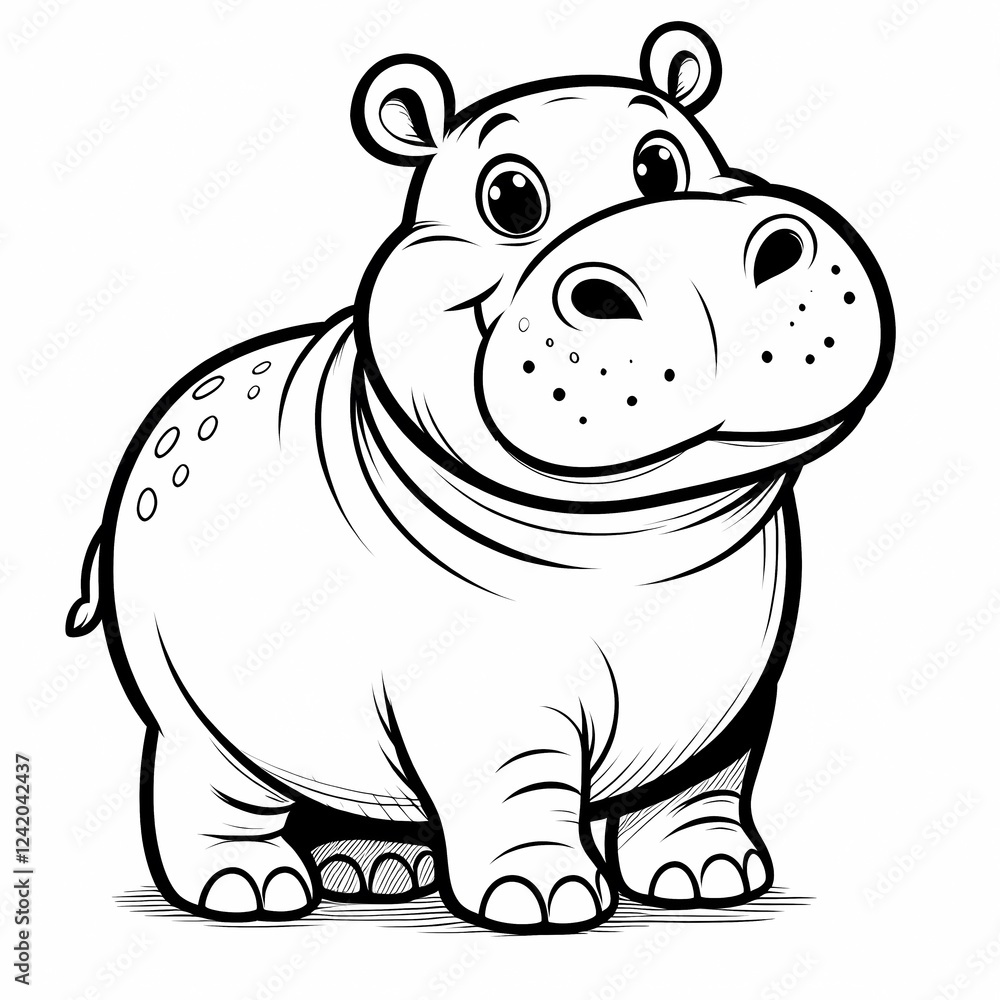 Fototapeta premium Black-and-white hippo drawing with bold outlines and simple skin folds for coloring