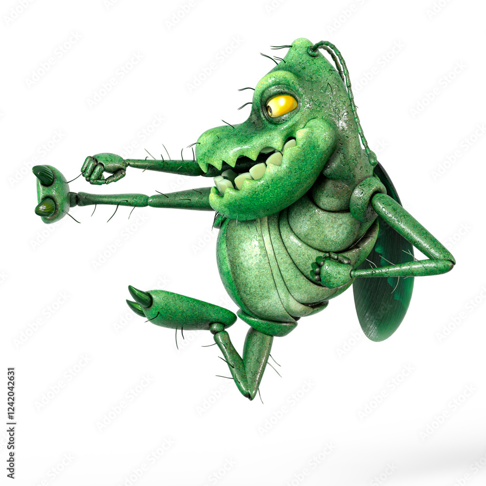 Fototapeta premium roach bug cartoon is doing a jump kick in karate style on white background