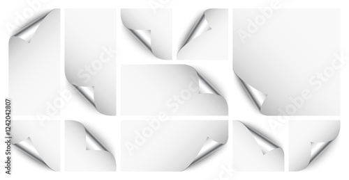 Realistic silver curled page corner set. Greeting card design element. Blank sheet of paper. Vector illustration.