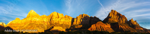 USA, Utah, Zion National Park. Panoramic of The Watchman mountain at sunset.