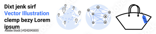 World map with location markers, network diagram with interconnected nodes, and a tote bag featuring a tag. Ideal for technology, e-commerce, logistics, travel, global networking, retail flat
