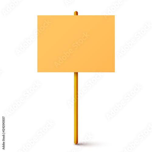 Blank colorful protest sign with wooden holder. Demonstration banner. Strike action cardboard placard mockup. Social advertisement. Vector illustration