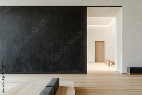 Wallpaper Mural Minimalist interior design with black wall, light wood floor, and simple seating. Torontodigital.ca