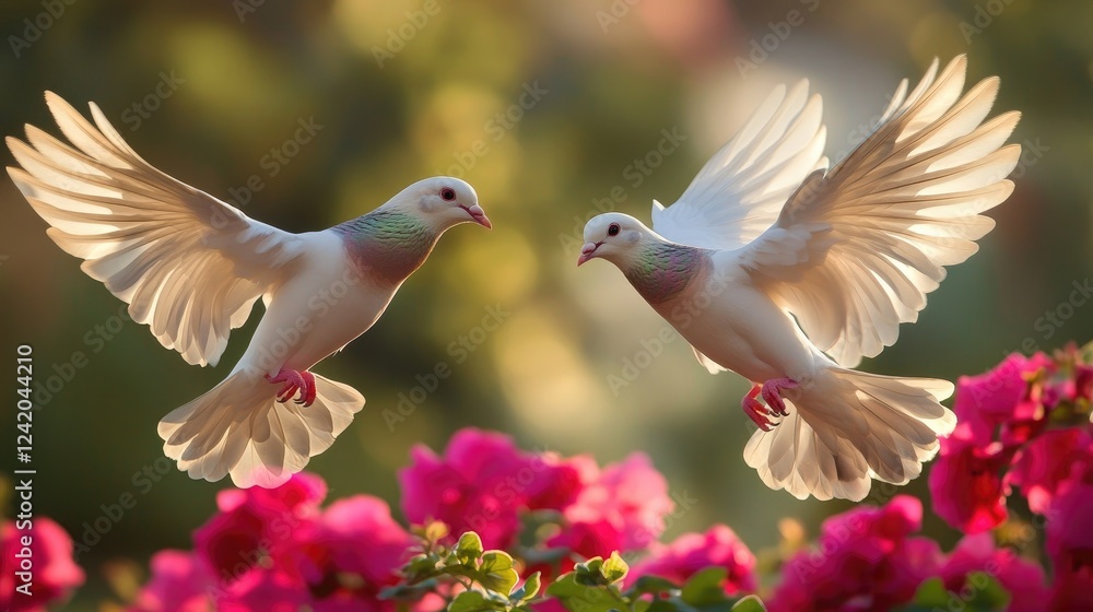 Obraz premium A serene image capturing a pair of doves flying gracefully through a sunlit garden, their wings spread wide, conveying a sense of freedom and harmony