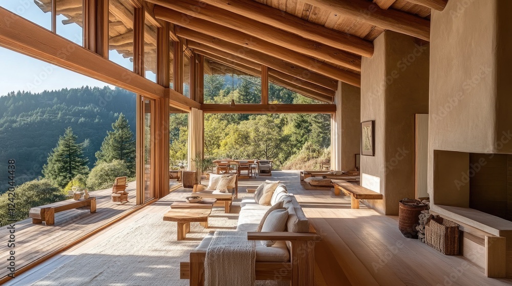 Fototapeta premium A serene Scandinavian-inspired living room with wooden furniture, light-colored textiles, and a large window overlooking a scenic view