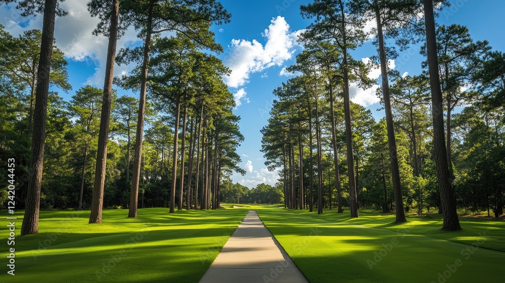 Fototapeta premium A serene view of a golf course pathway lined with tall trees, leading to a distant green under a bright blue sky, inviting players to explore the area