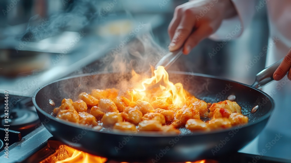 Chef cooking, close-up of hands preparing a dish in a professional kitchen Chef cooking, close-up of hands preparing a dish in a professional kitchen