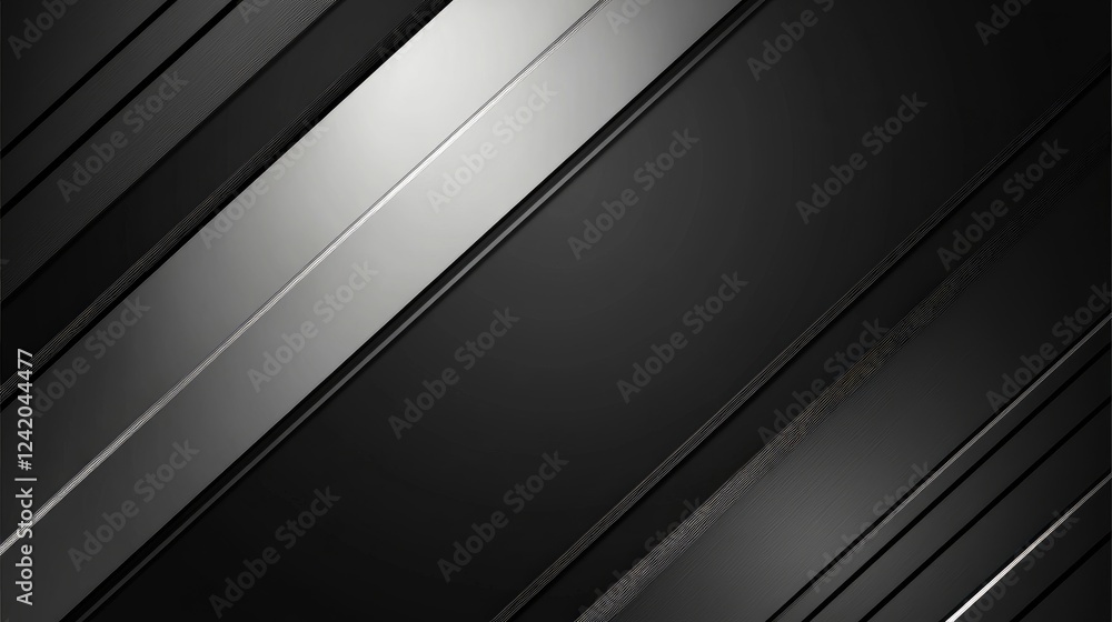 A series of diagonal lines in metallic silver, arranged to form a dynamic, modern pattern on a sleek black surface
