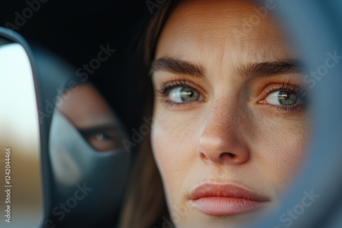 This captivating image captures a woman's powerful gaze in a car mirror, making a strong emotional statement that resonates with themes of perception and reflection. photo