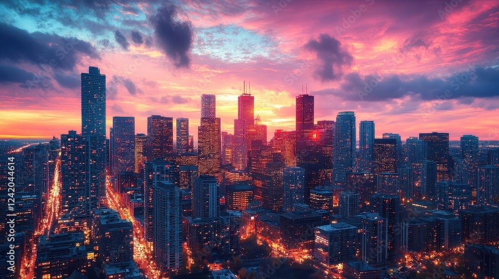 Obraz premium City skyline at dusk, close-up of glowing city buildings, vibrant dusk sky