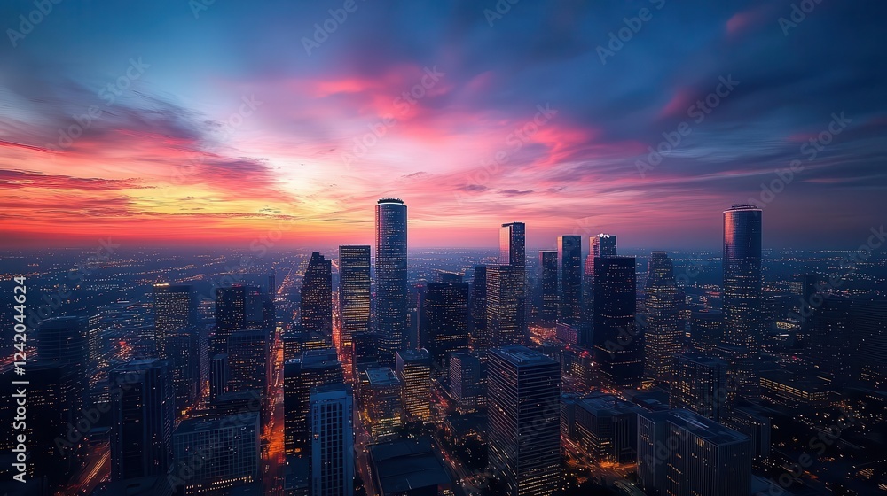 Obraz premium City skyline at dusk, close-up of glowing city buildings, vibrant dusk sky