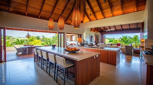 A spacious kitchen with a large island, elegant bar stools, and beautiful pendant lights hanging overhead, showcasing a perfect blend of functionality and style photo