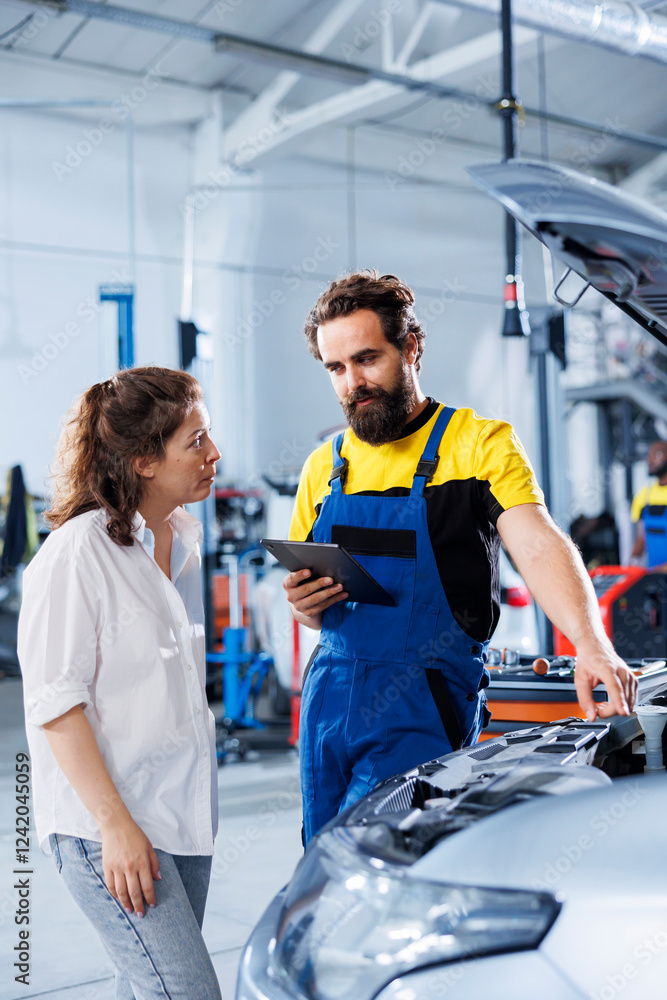 Mechanic in car service uses laptop to calculate invoice for client after repairing alternator. Friendly employee in garage with customer calculating final costs after servicing vehicle Mechanic in car service uses laptop to calculate invoice for client after repairing alternator. Friendly employee in garage with customer calculating final costs after servicing vehicle