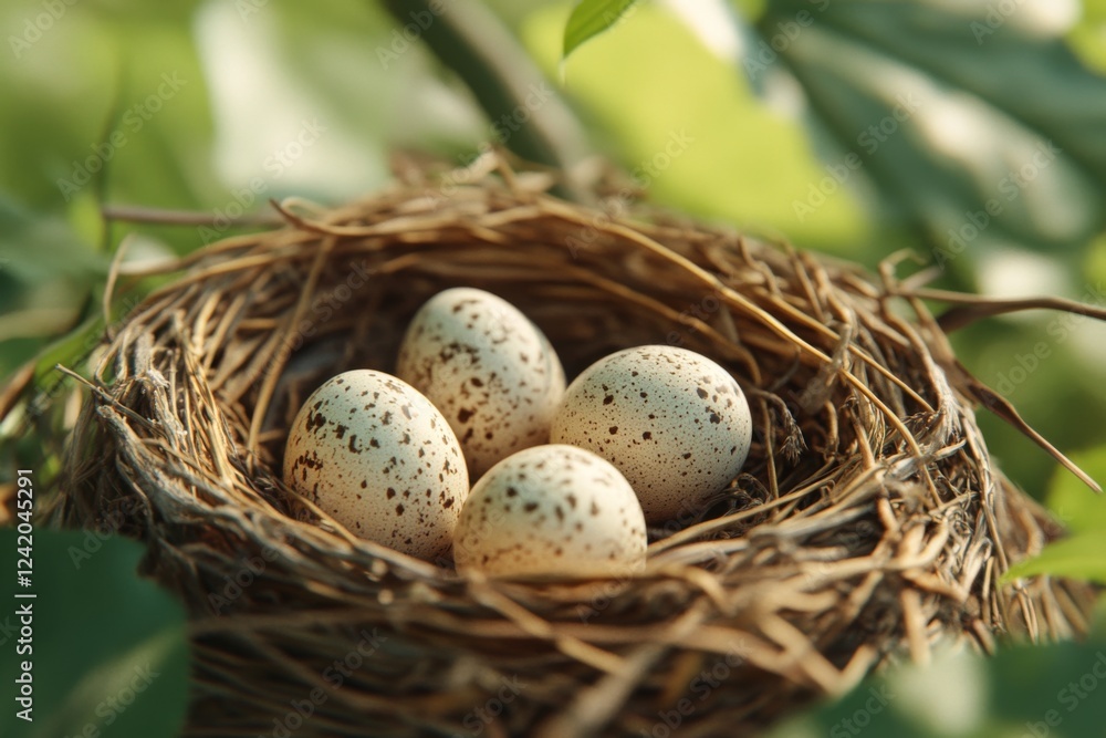 Three bird eggs in a nest surrounded by green foliage