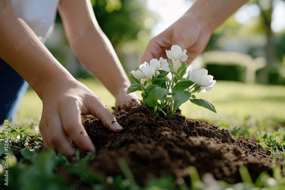 A heartwarming moment of a family planting flowers together in a garden, symbolizing growth, unity, and the joy of nurturing nature's beauty. A heartwarming moment of a family planting flowers together in a garden, symbolizing growth, unity, and the joy of nurturing nature's beauty.