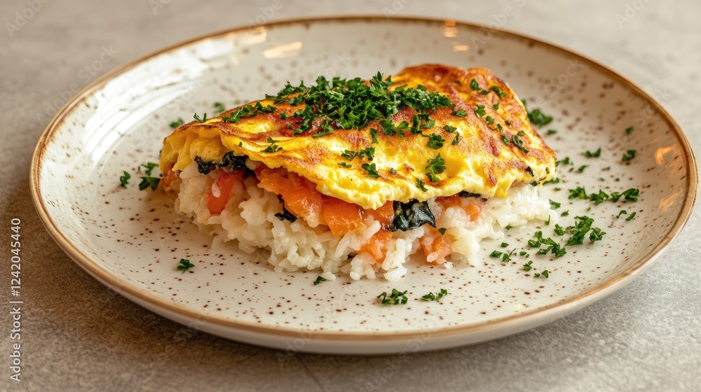 A thick, buttery omelet topping a bed of rice, presented on a light-colored plate with sprigs of parsley, creating a clean and elegant look A thick, buttery omelet topping a bed of rice, presented on a light-colored plate with sprigs of parsley, creating a clean and elegant look