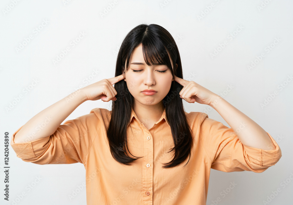 指で耳をふさぐ若い女性 指で耳をふさぐ若い女性