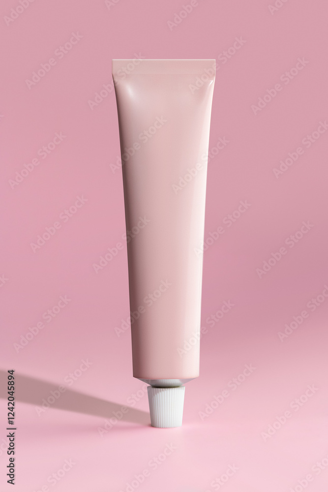 Mockup of a pink metal tube for cream, paint and other cosmetic care products on a pink background Mockup of a pink metal tube for cream, paint and other cosmetic care products on a pink background