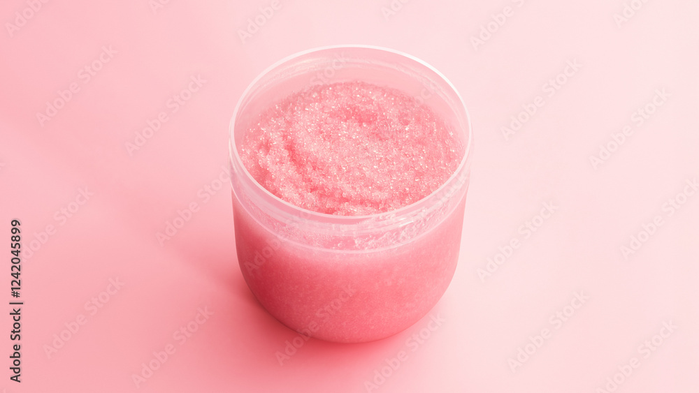 Mockup of a pink jar with scrub inside on a pink background Mockup of a pink jar with scrub inside on a pink background