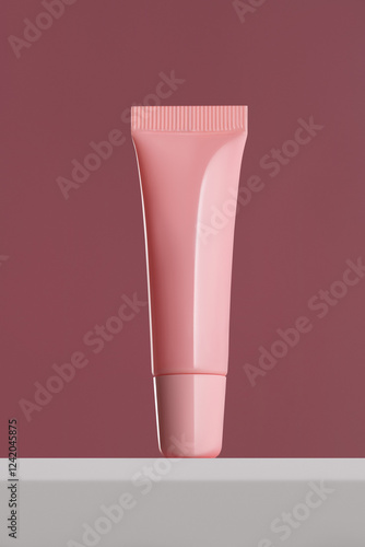 Mockup of a pink plastic tube for cream, lip gloss and other cosmetic grooming products on a pink background