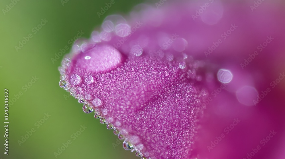 A vibrant close-up of a bright flower petal glistening with fresh water droplets, highlighting its delicate texture against a blurred green background A vibrant close-up of a bright flower petal glistening with fresh water droplets, highlighting its delicate texture against a blurred green background