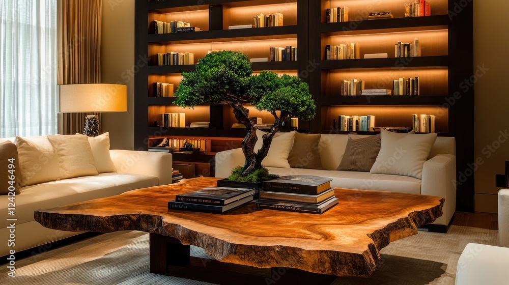 A warm and inviting living room with a rustic wooden coffee table, soft lighting, and a collection of books on a stylish bookshelf A warm and inviting living room with a rustic wooden coffee table, soft lighting, and a collection of books on a stylish bookshelf