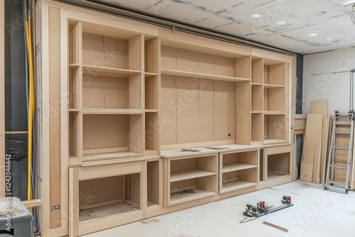 Custom cabinet construction showing detailed frame building and preparation for door and shelf installation